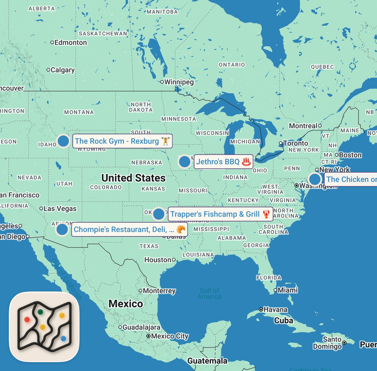 Map of 5 spots from Adam vs. the MOST INSANE Fried Food Challenges | Man v. Food | Travel Channel