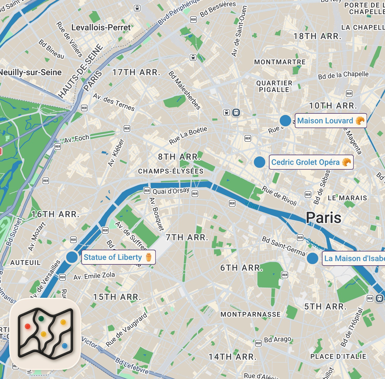 Map of 4 spots from Finding the Best Croissant in Paris