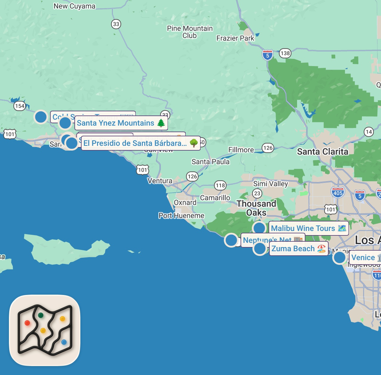 Map of 9 spots from Exploring California by Motorcycle | LA to Big Sur Moto Camping