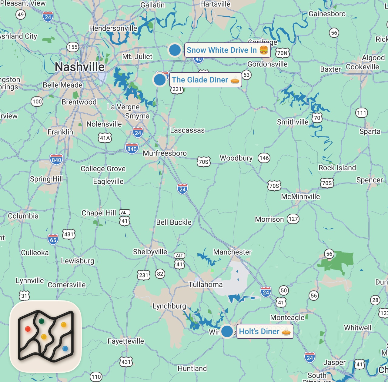 Map of 3 spots from I Tried Random Diners in Tennessee For 24 Hours.. (Part 3)