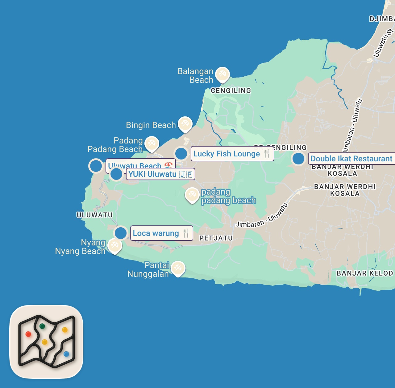 Map of 5 spots from Ulitimate FOOD Tour Bali 🇮🇩 Uluwatu’s Best Restaurants & Hidden Gems 🍽️