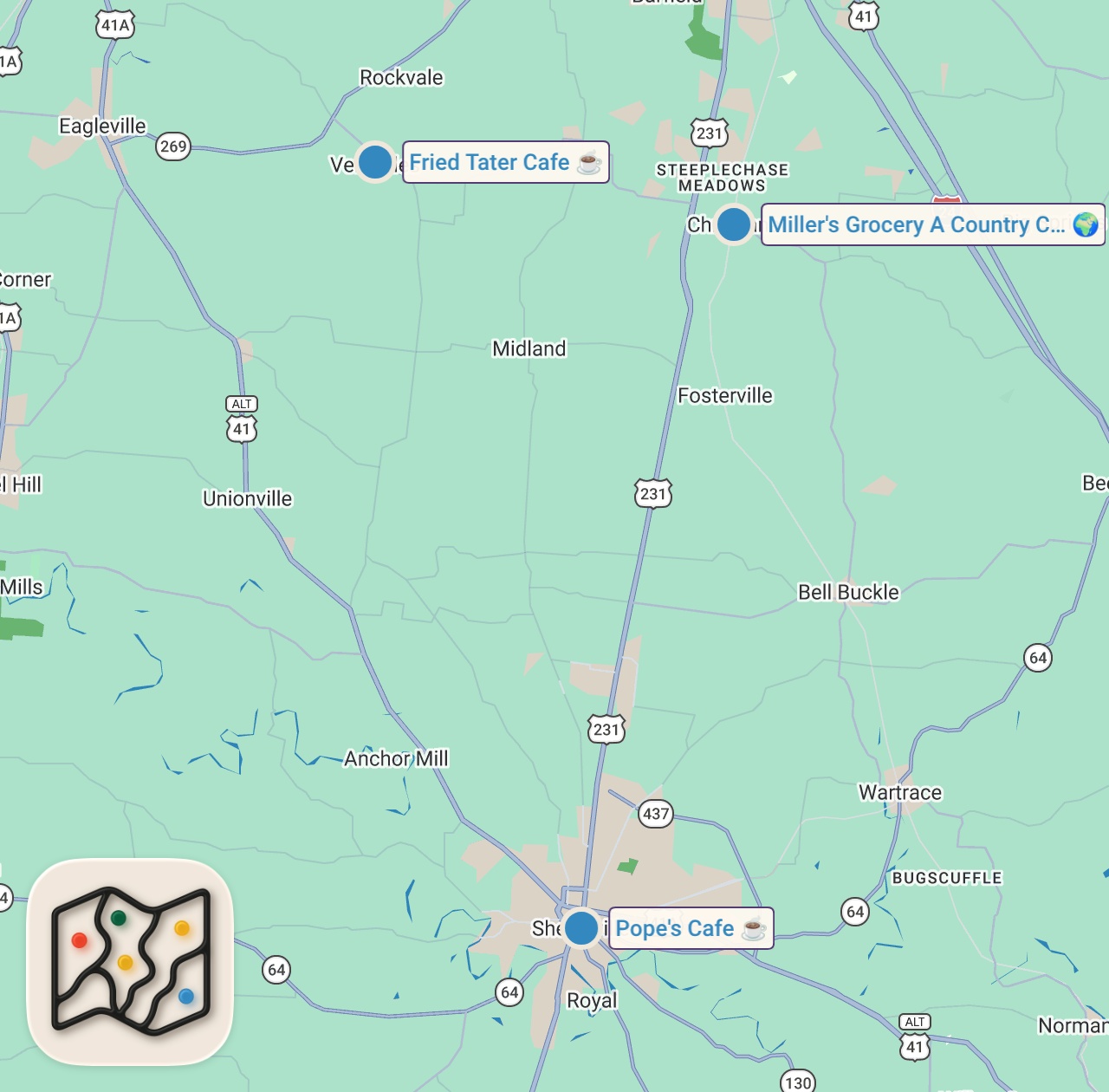 Map of 3 spots from Eating at Country Store Restaurants For 24 Hours...