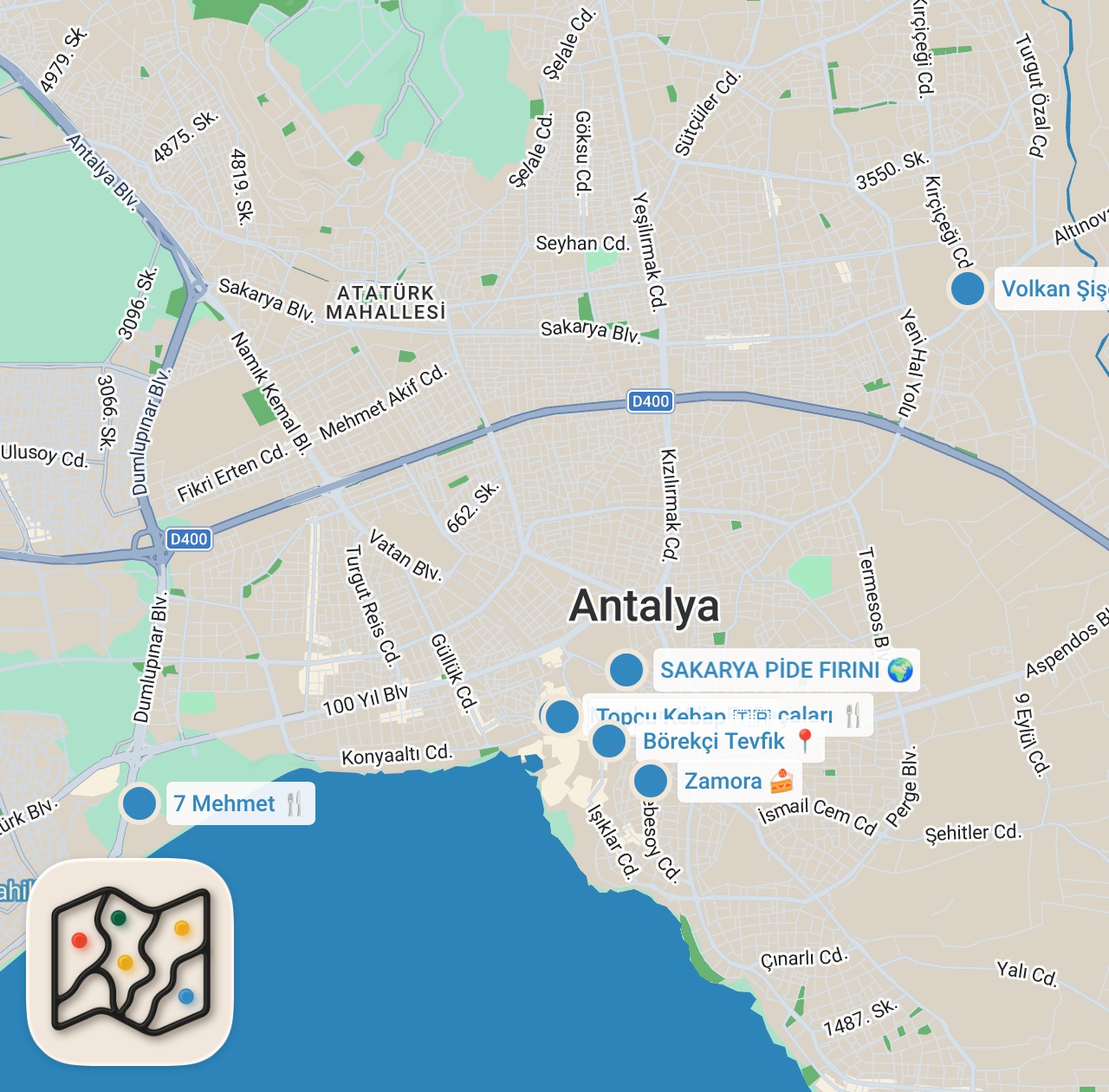 Map preview for ANTALYA LEZZET REHBERİ (Antalya piyazı, şiş köfte, yanıksı dondurma) - Ayaküstü Lezzetler