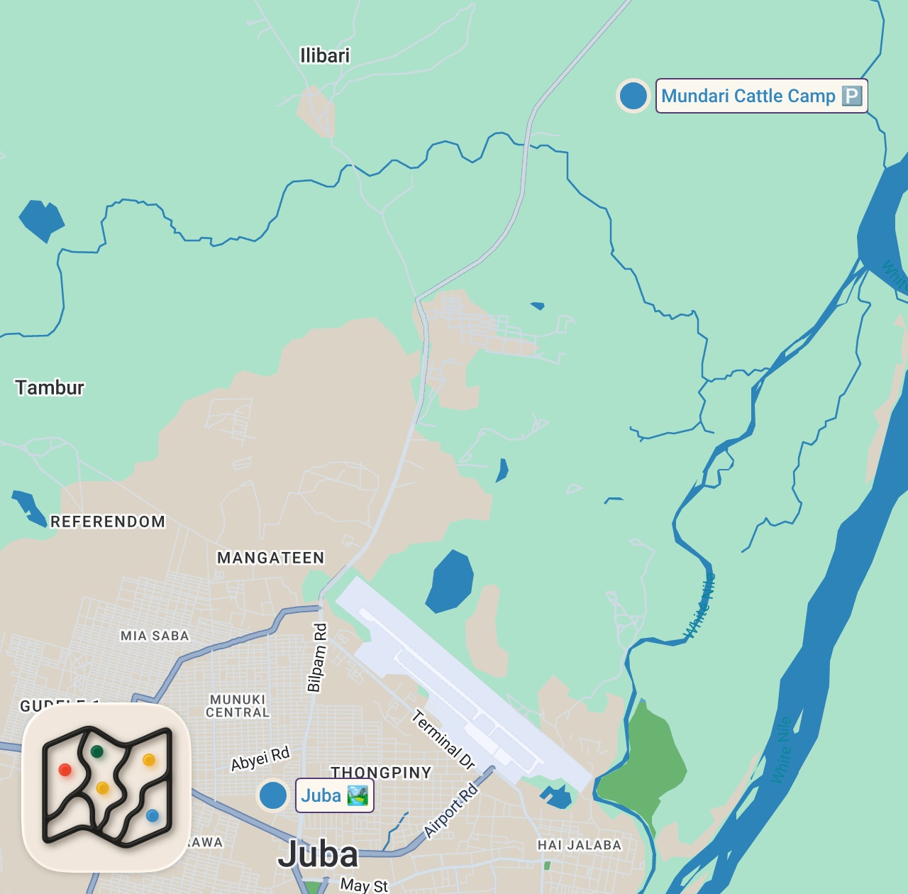 Map of 2 spots from The Morning Showers With Cow Urine - Fasinating Lifestyle Of Mundari Tribe In South Sudan 🇸🇸
