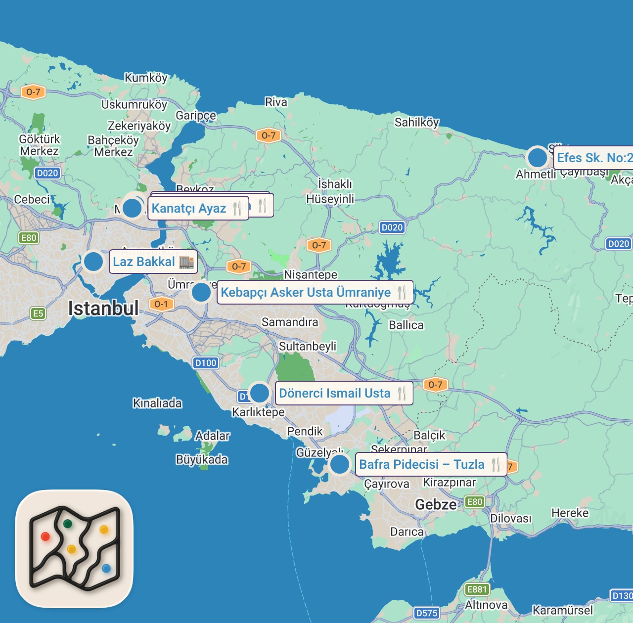 Map of 9 spots from MASLAK'TA BİR GÜNDE NE YENİR!!! @FIRATSOBUTAY