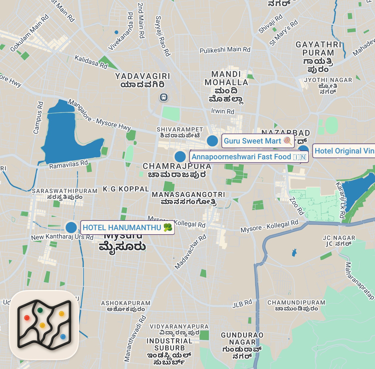 Map of 5 spots from Indian Street Food in Mysore!! CRAZY FOOD TOUR in Mysore, India!