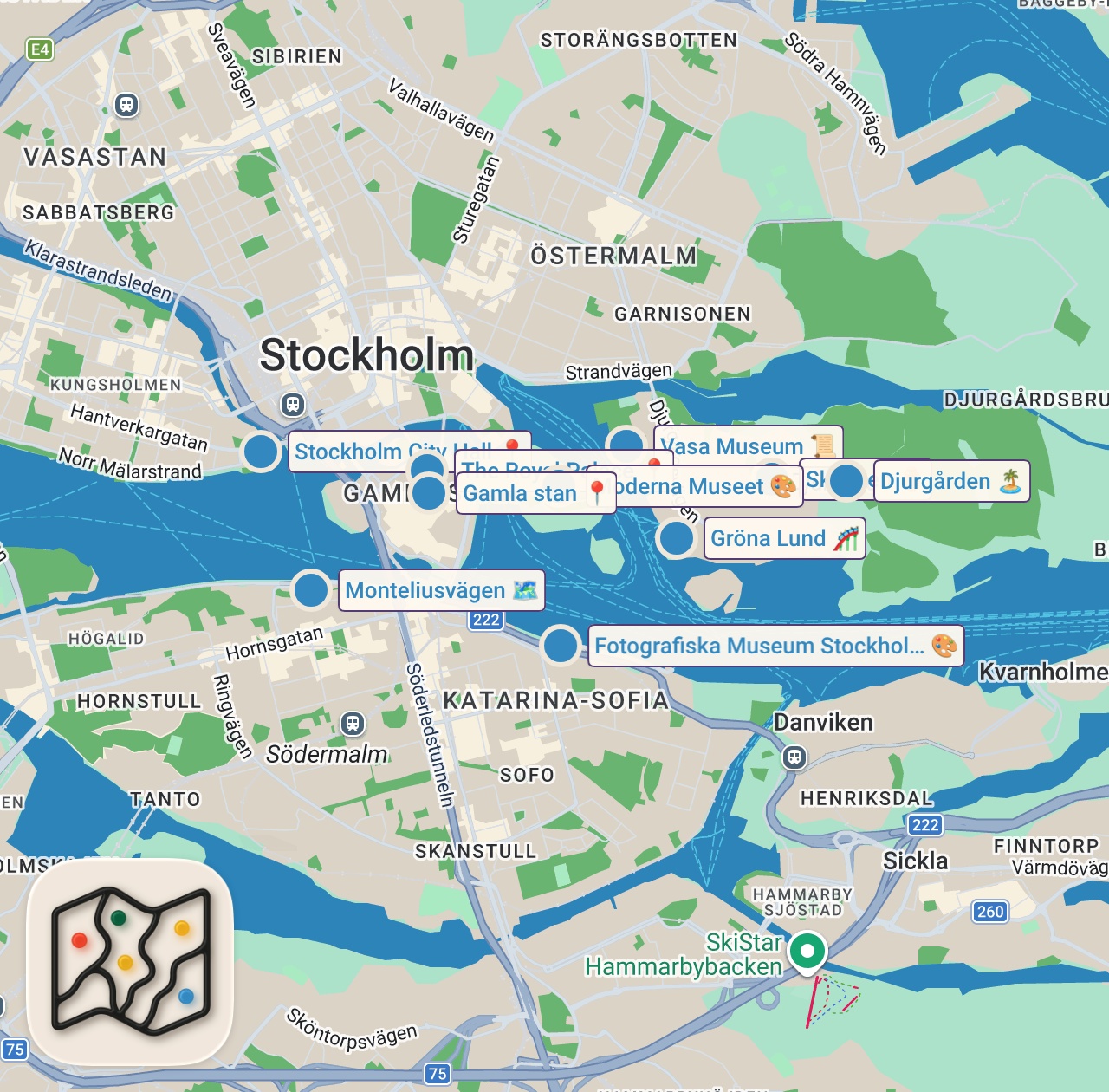 Map of 10 spots from 10 bästa platser att besöka i Stockholm 🇸🇪