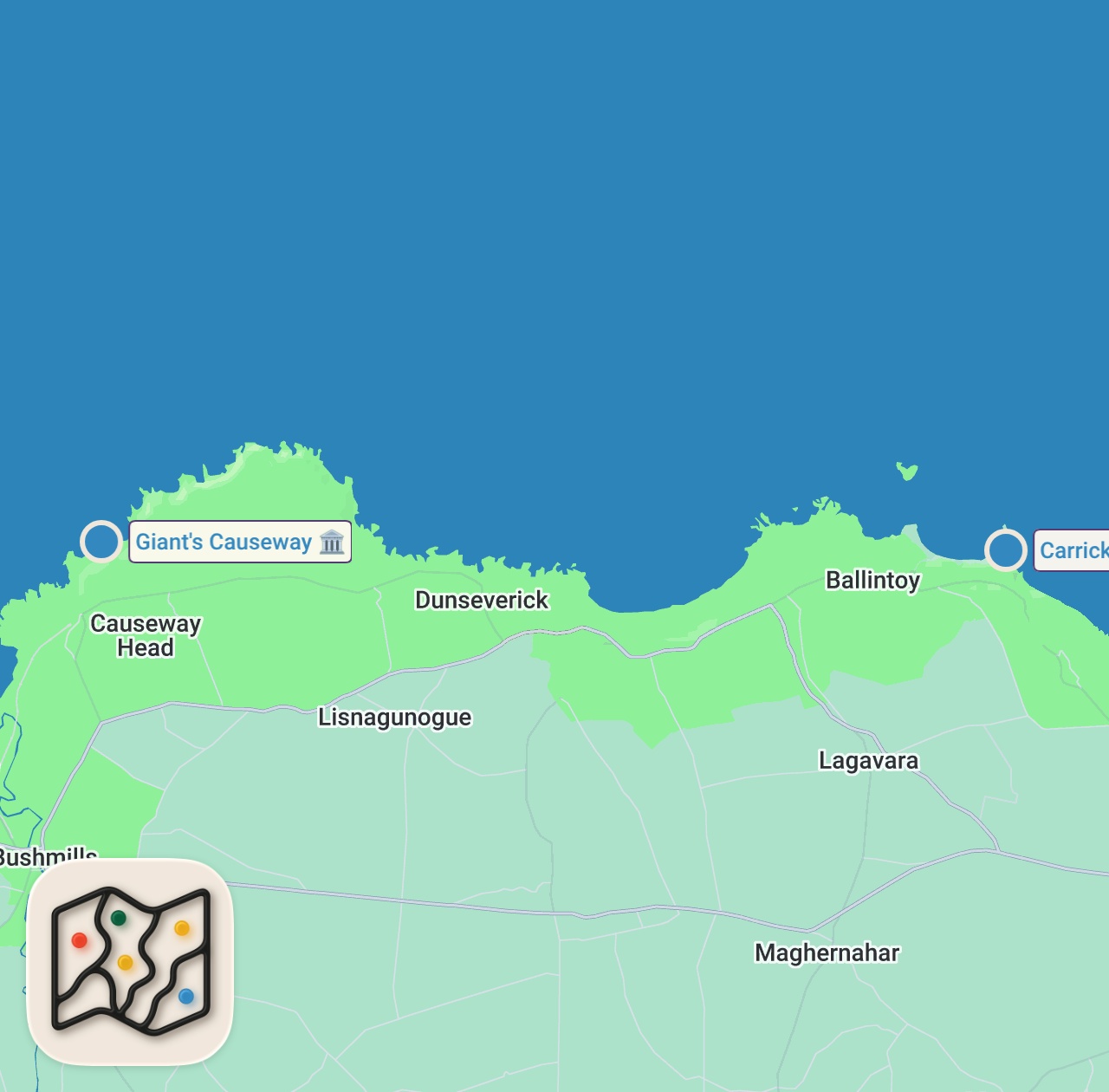 Map of 2 spots from GIANT'S CAUSEWAY | NORTHERN IRELAND | Northern Ireland Road Trip Travel Series Ep.4
