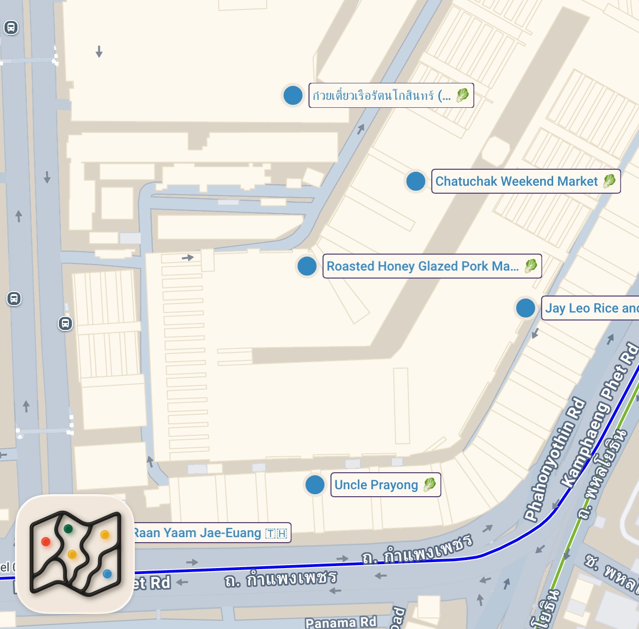 Map of 6 spots from Thai Street Food Tour!! 🇹🇭 BEST FOOD at Chatuchak Weekend Market, Bangkok!