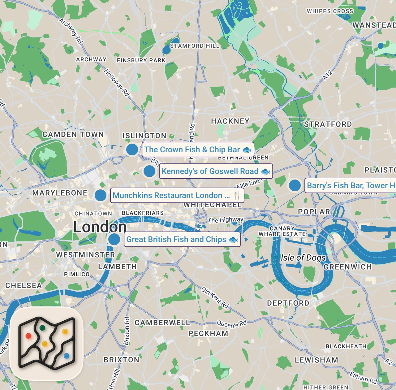 Map of 5 spots from I Tried the Worst Fish & Chips
