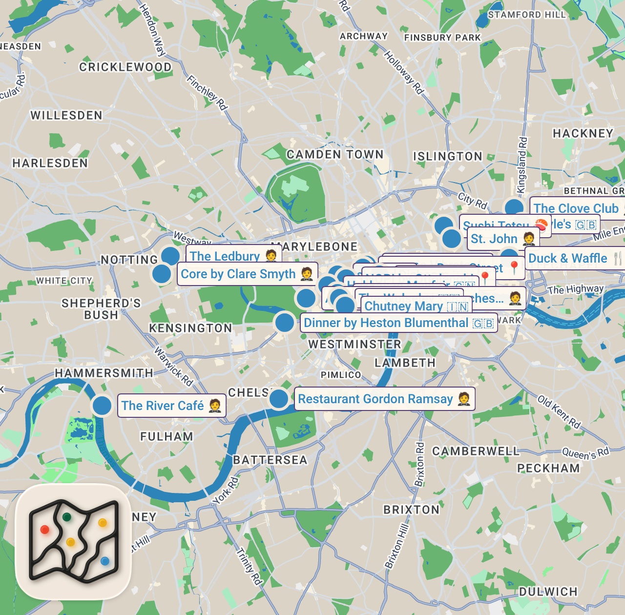 Map of 20 spots from 20 Best Restaurants in London - Michelin Stars & Hidden Gems!