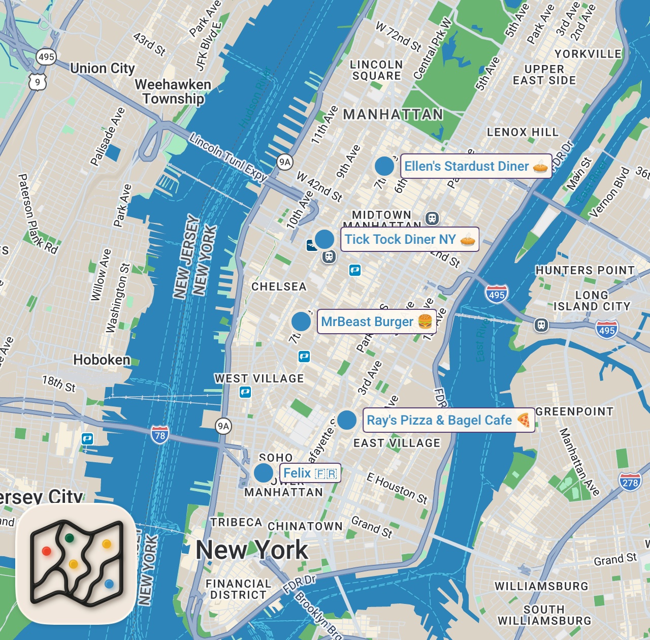 Map of 5 spots from I Ate at The WORST Restaurants in New York City