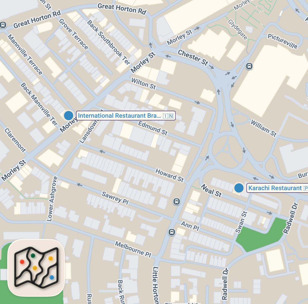 Map of 2 spots from I found the BEST curry in the UK!