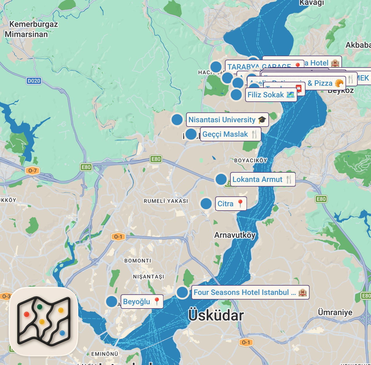 Map of 24 spots from TARABYA FLAVORS | Goat Lahmacun, French Omelet, Black Sea Döner, Smoked Short Rib Pizza