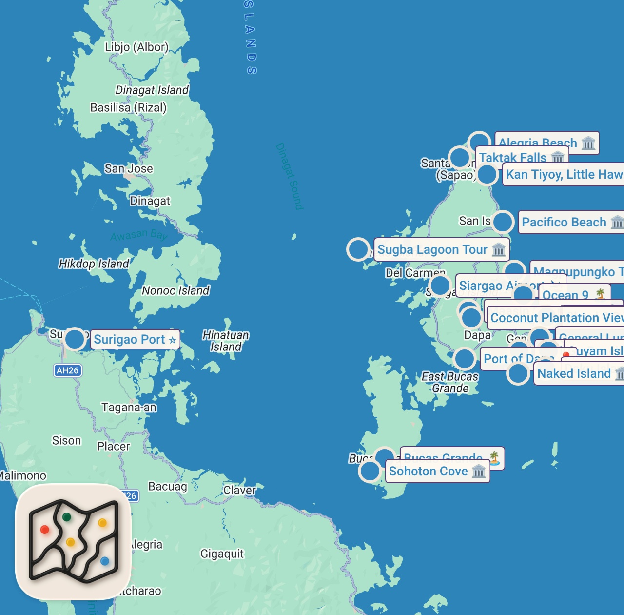 Map of 23 spots from Siargao 2026 Travel Guide: Best Places to Visit & Things to Do • Itinerary & Expenses • Budget Vlog