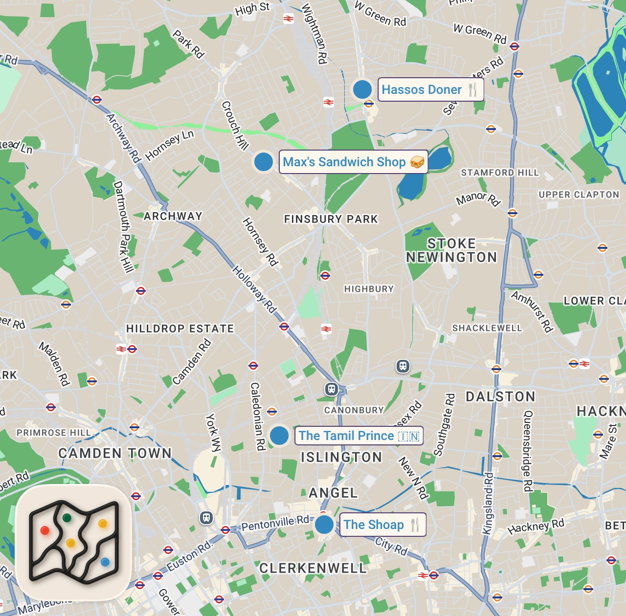Map of 4 spots from 12 Hours Eating North London's BEST Food!