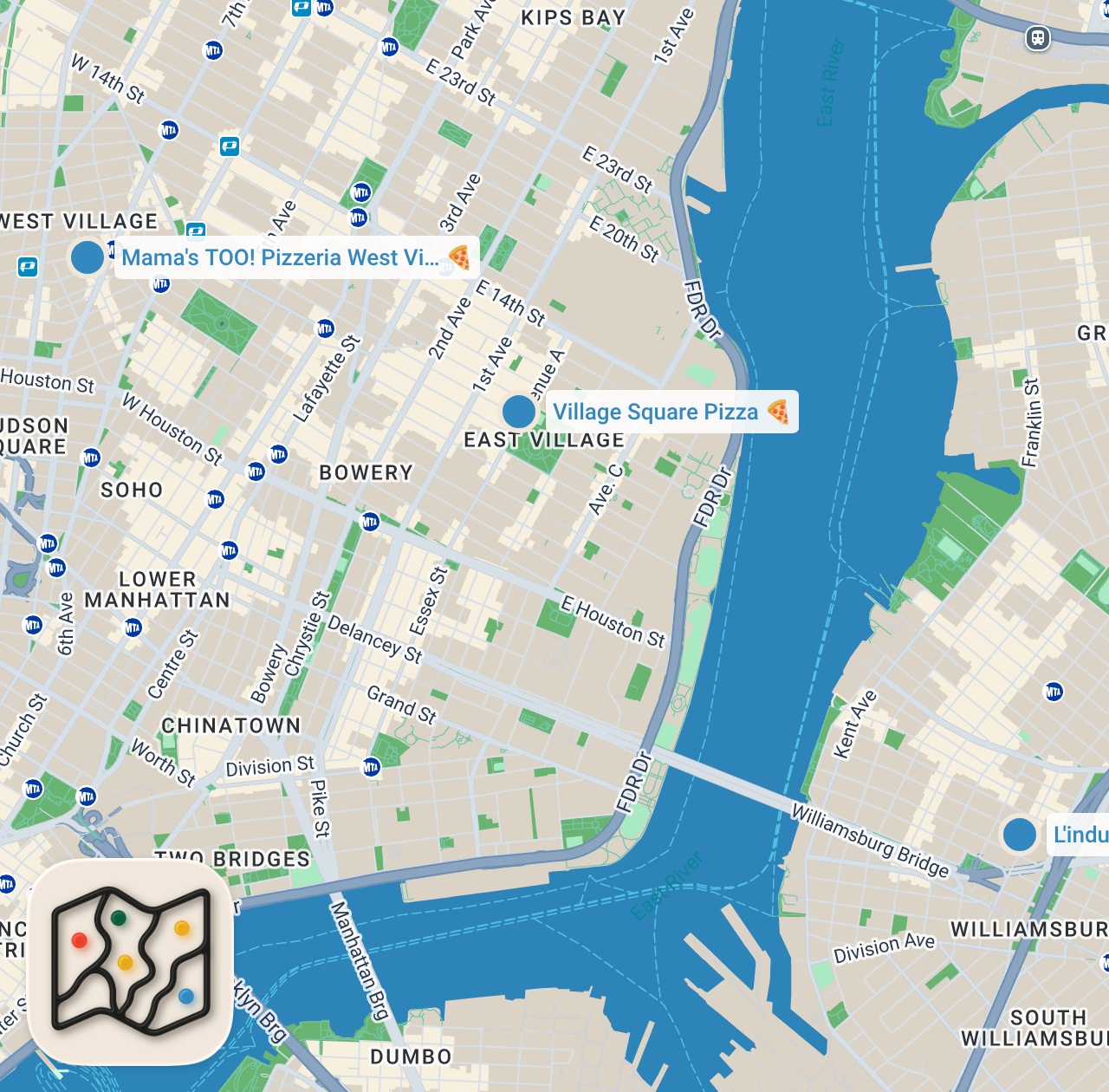 Map preview for NYC's LEGENDARY Pizza Block! L'industrie, Mama's Too and Village Square on ONE STREET!