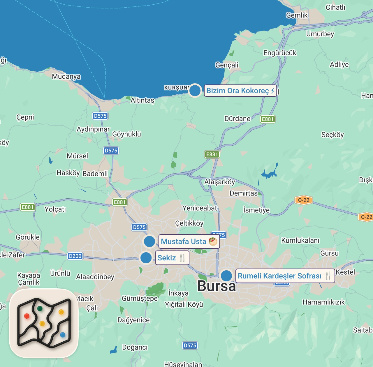 Map of 4 spots from Bursa'da 8.500 TL'lik Lezzet Turu! Mutancana, Pastrami, Ciğer ve Oğlak Kokoreç