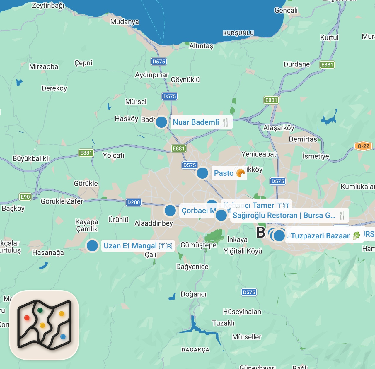 Map preview for BURSA LEZZET REHBERİ (Tahanlı, çiğbörek, süt helvası, mantı, Bursa Kebabı) - Ayaküstü Lezzetler