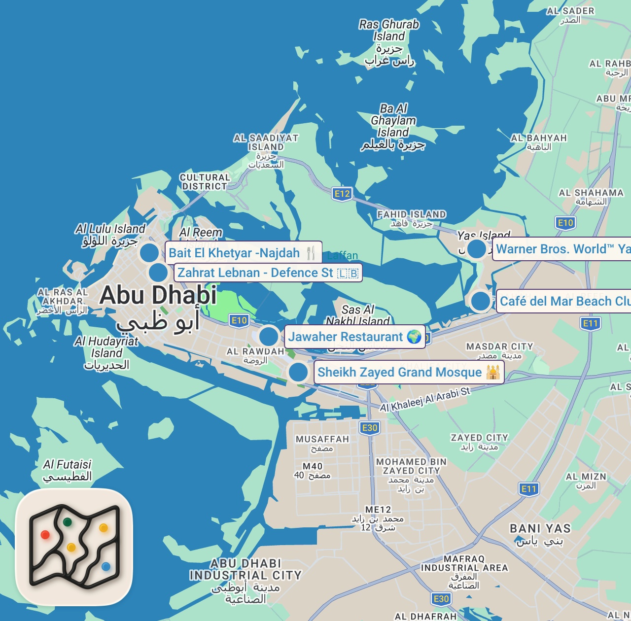 Map of 6 spots from Insane MUST EAT places in Abu Dhabi