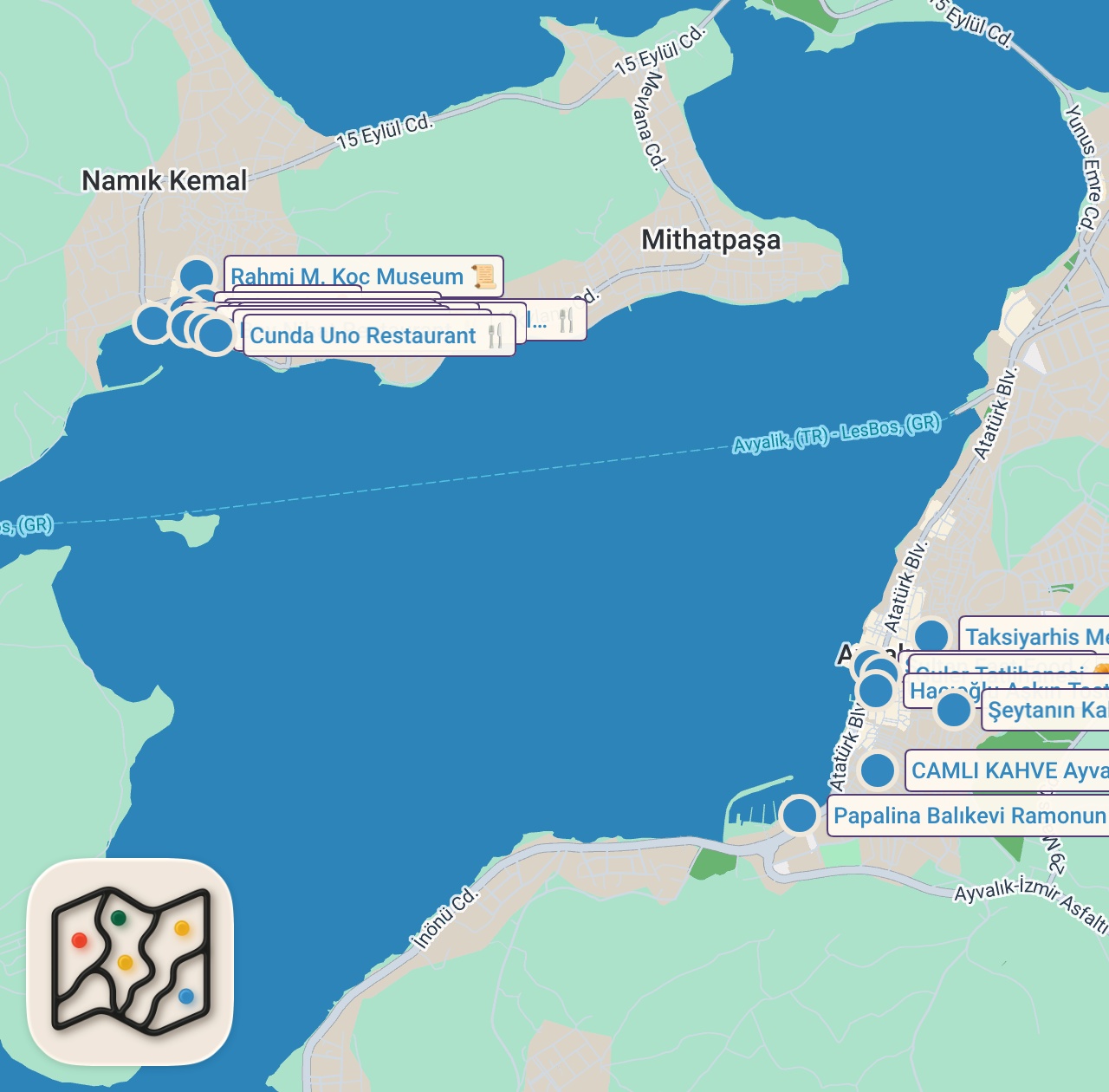 Map of 18 spots from 1 GÜNDE AYVALIK VE CUNDA LEZZET VE KÜLTÜR TURU 