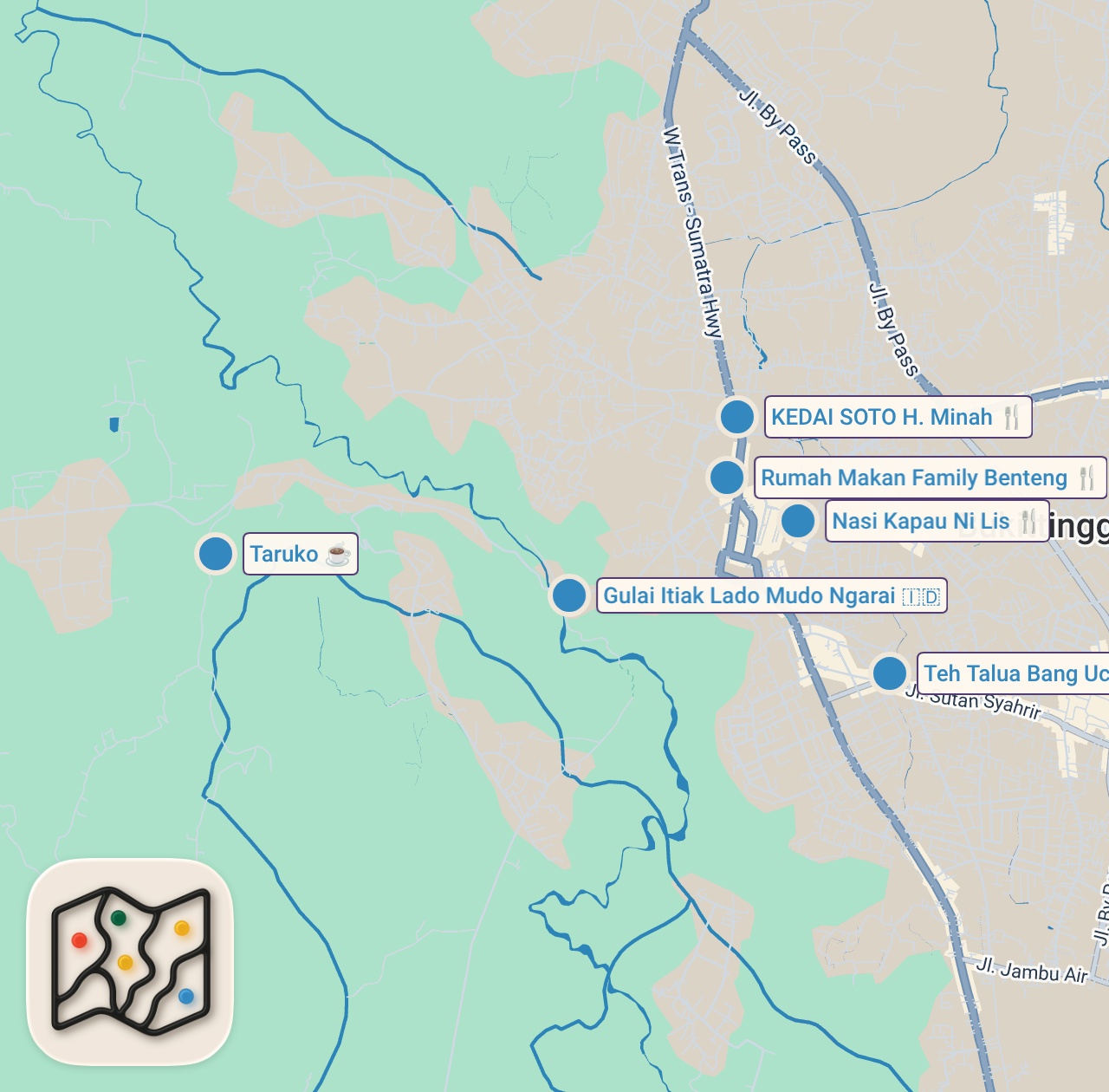 Map preview for Indonesian Street Food - SPICY duck + NASI KAPAU + #1 CHICKEN -  Indonesian food in Bukittinggi