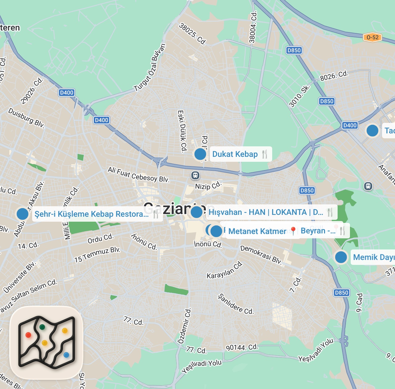 Map preview for GAZİANTEP LEZZET REHBERİ (Beyran, Baklava, Lahmacun, Küşleme, Ağlık, Katmer) - Ayaküstü Lezzetler