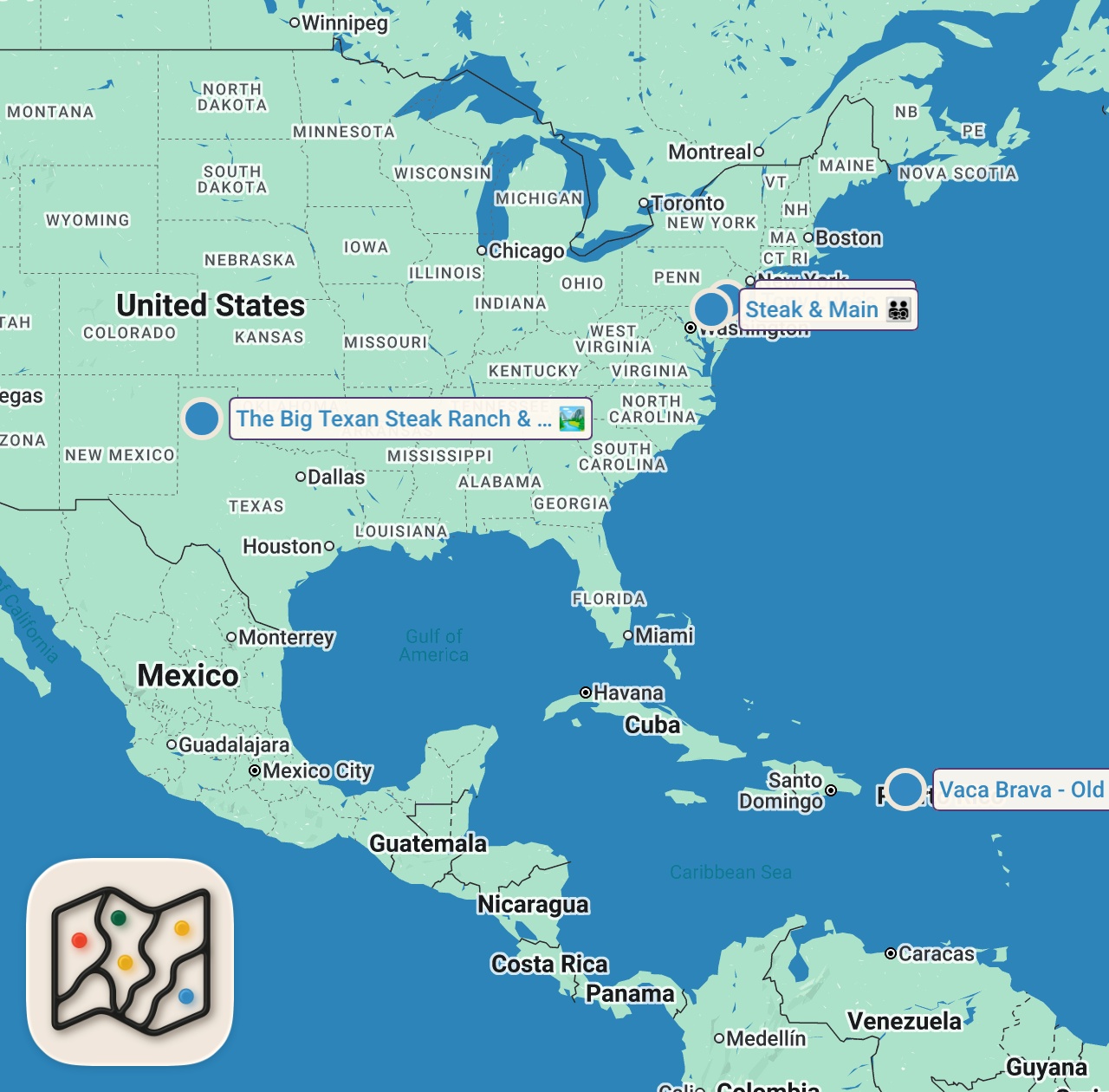 Map of 4 spots from Adam's Most Difficult Steak Challenges | Man v. Food | Travel Channel