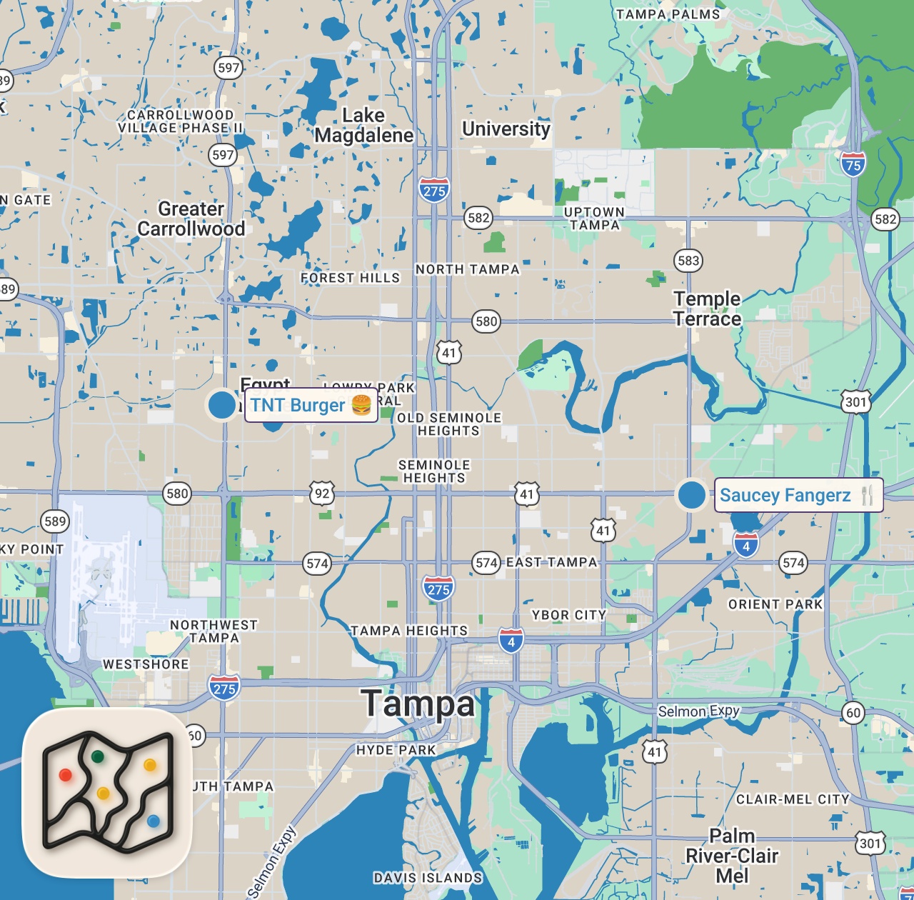 Map of 2 spots from EatingMost VIRAL Restaurants For 24 Hours (Tampa, FL)