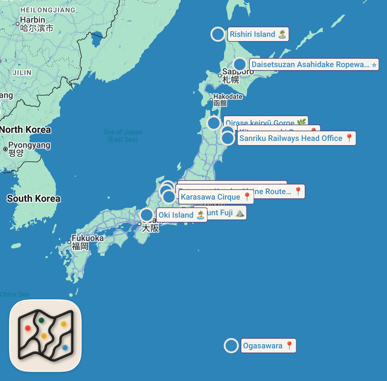 Map of 11 spots from 50代のうちに行きたい日本の絶景トップ10｜足腰が元気なうちに行っておきたい