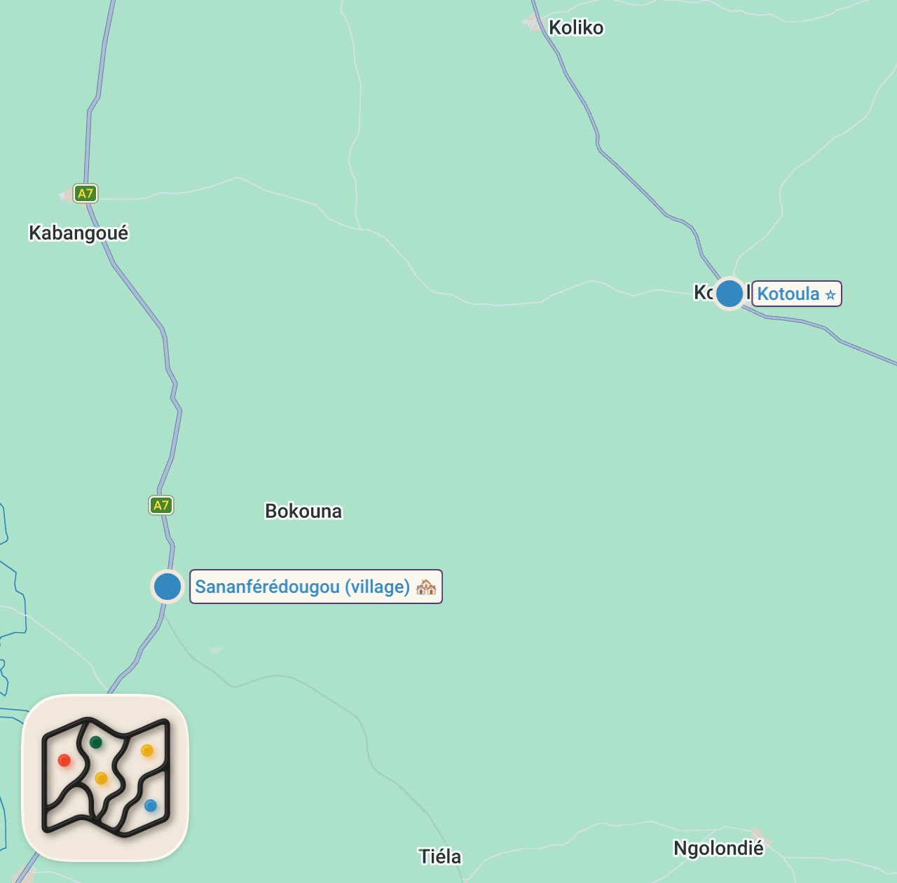 Map of 2 spots from Whole GUINEA FOWL Stew in Africa!! MOST REMOTE Village Food in Côte d'Ivoire!! 🇨🇮