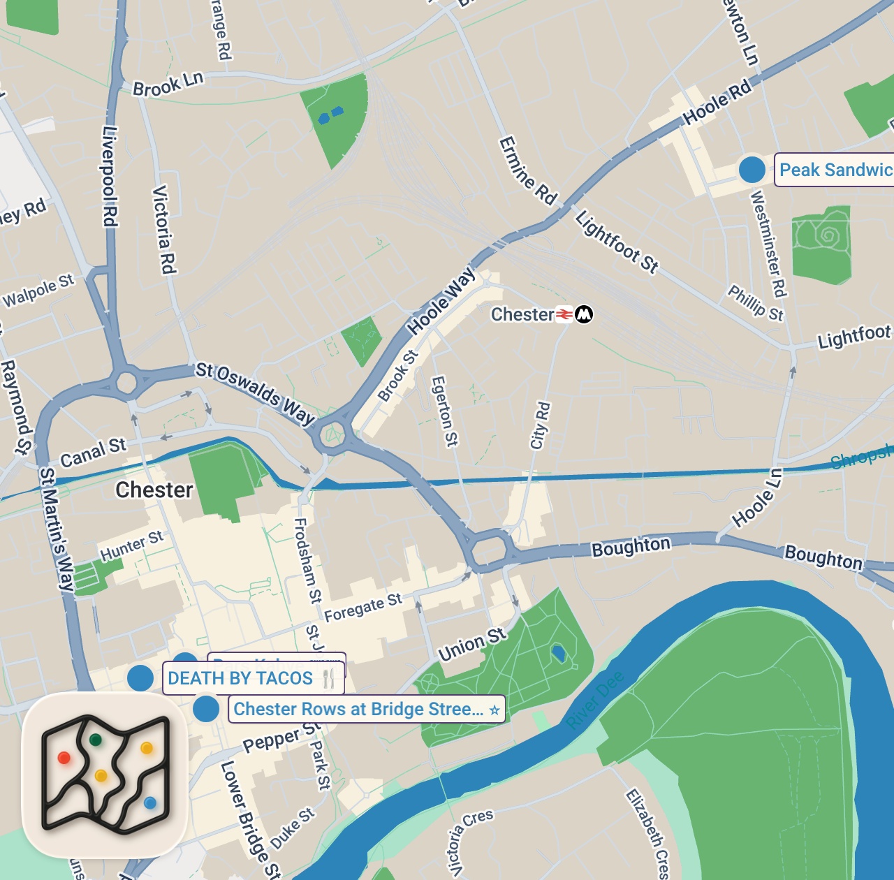 Map of 4 spots from 12 Hours Eating Chester's BEST Food!