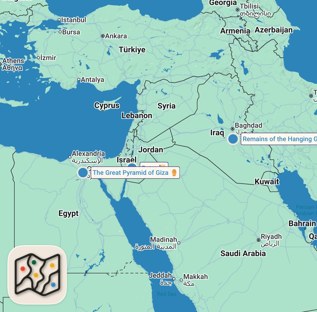 Map of 4 spots from The Forgotten Iraq - Nobody Visits This Largest Ancient City - Babylon 🇮🇶 (4300 years old)