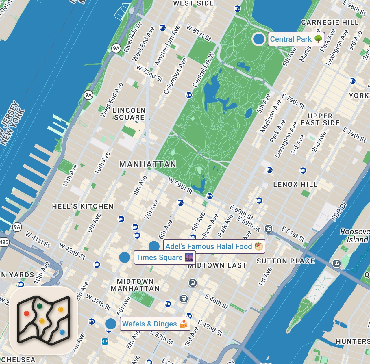 Map of 4 spots from I Only Ate STREET FOOD for 24 HOURS in New York! (Impossible Food Challenge)