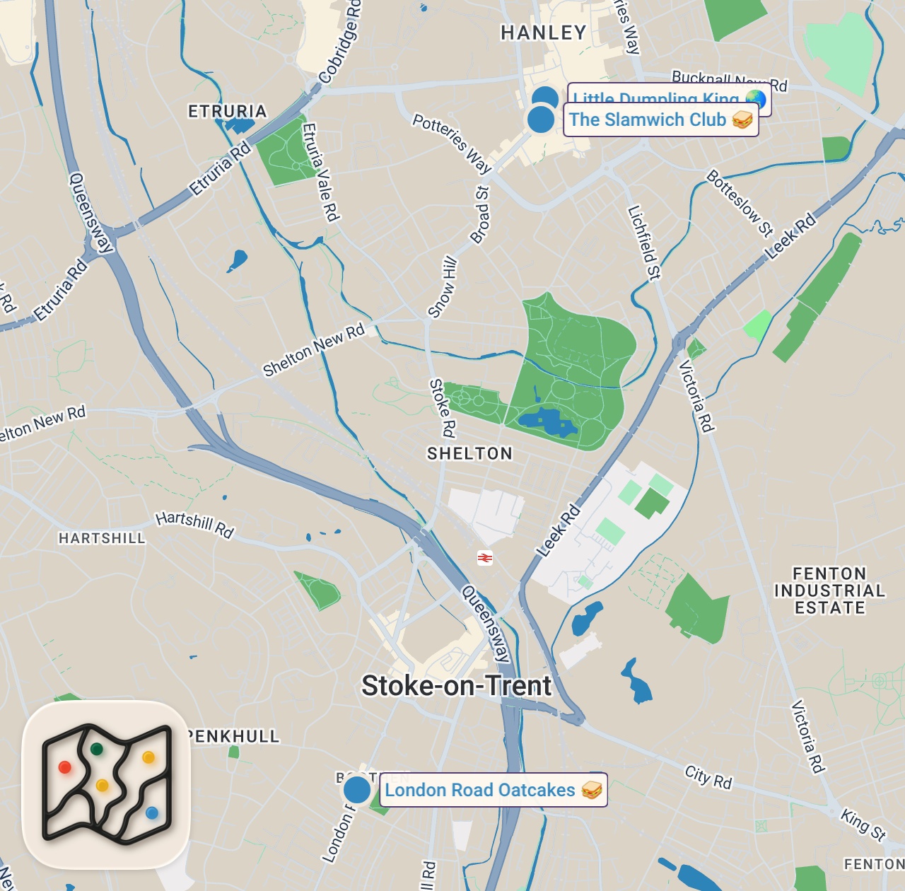 Map of 3 spots from WHY is the food in Stoke SO good?!