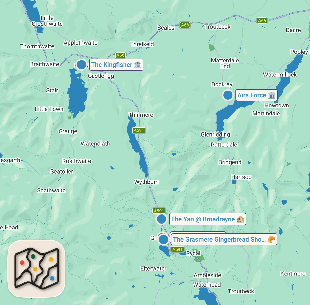 Map of 5 spots from 48 Hours Eating The Lake District's BEST Food!