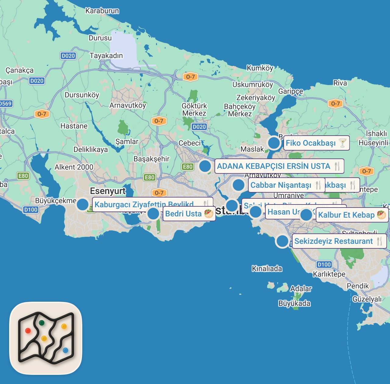 Map of 10 spots from İstanbul Kebapçı Sıralaması 😊#shorts #kebap #istanbul