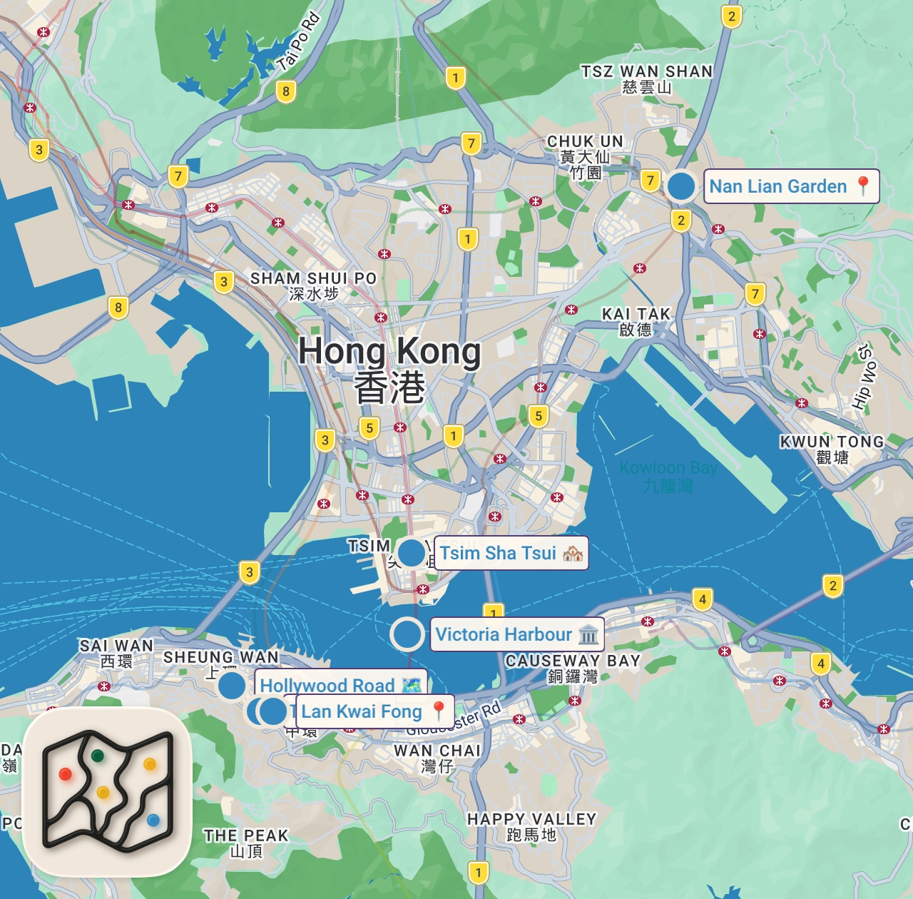 Map of 7 spots from 10 Best Places to Visit In Hong Kong - FIRST TIME IN HONG KONG