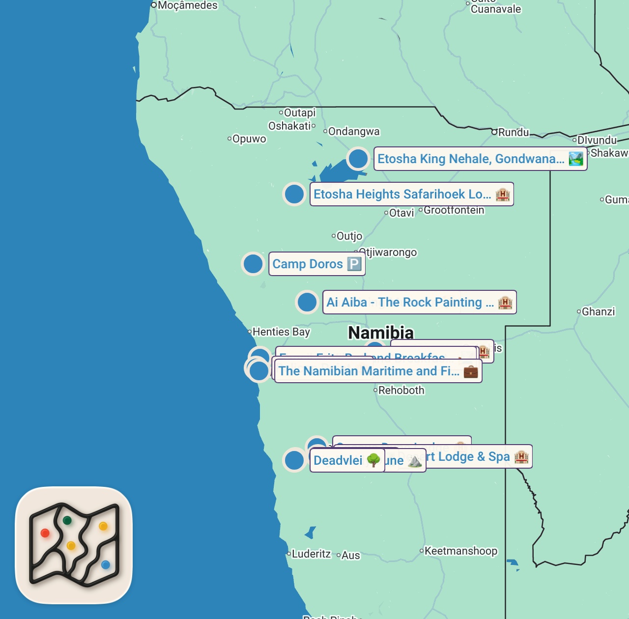 Map of 15 spots from How to travel INCREDIBLE NAMIBIA😍🇳🇦 | The ultimate 2 week itinerary!