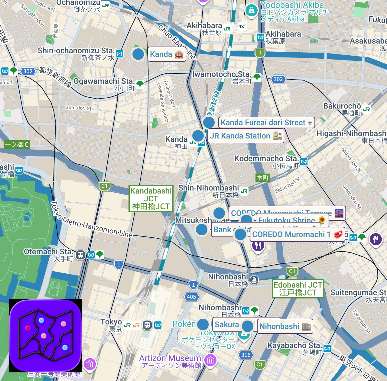 Map of 10 spots from 日本橋〜神田を散歩【4K東京街歩き】Japan Tokyo 4K walking tour/Nihonbashi,Kanda