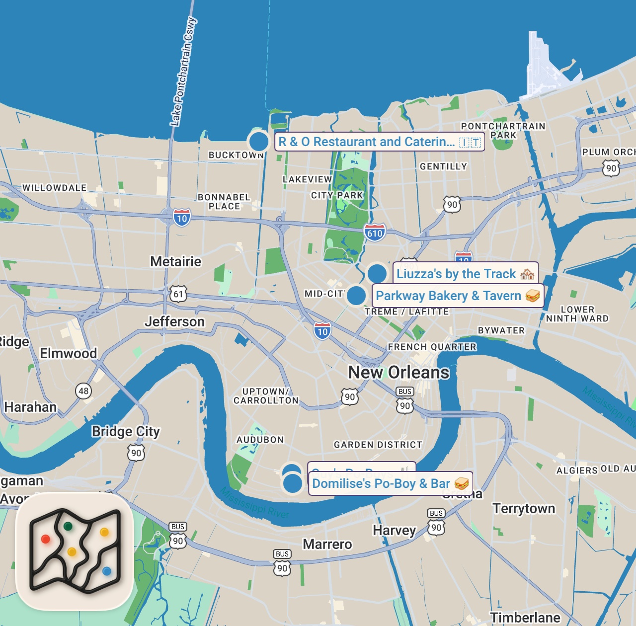 Map of 5 spots from 5 Mega SANDWICHES in One Day!! 🥖🦐 Best NEW ORLEANS PO'BOYS You Have To Try!!
