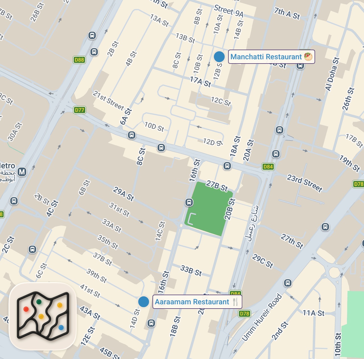 Map of 2 spots from Top 10 Restaurant In Karama, Dubai, Best Restaurant In Al Karama 💕 Araamam Ikkayees,  Manchatty