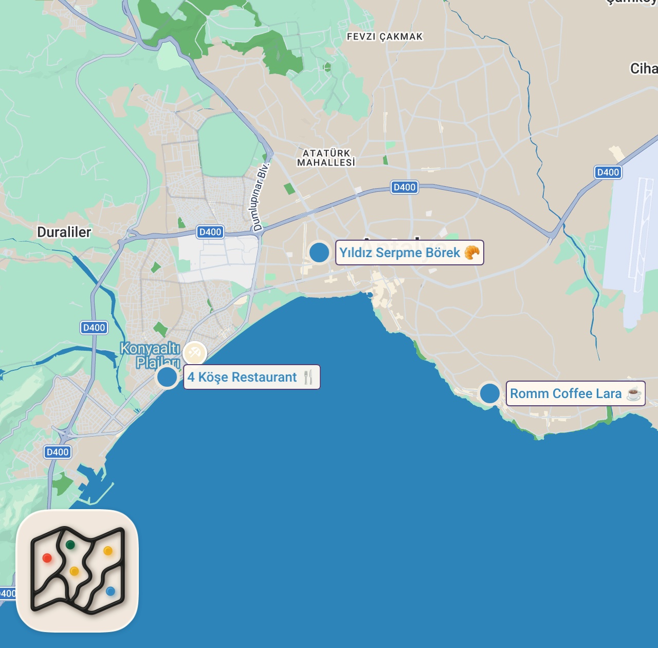 Map of 3 spots from ANTALYA’DA ÜÇ MEKAN! 😊