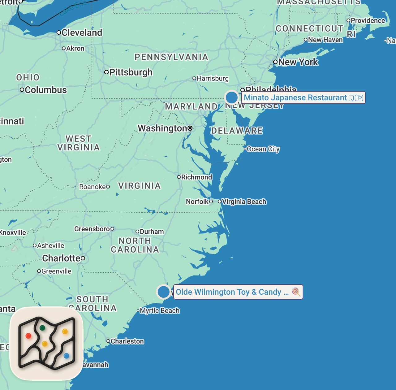 Map of 2 spots from I was told this place had the BEST FRIED RICE in Delaware.