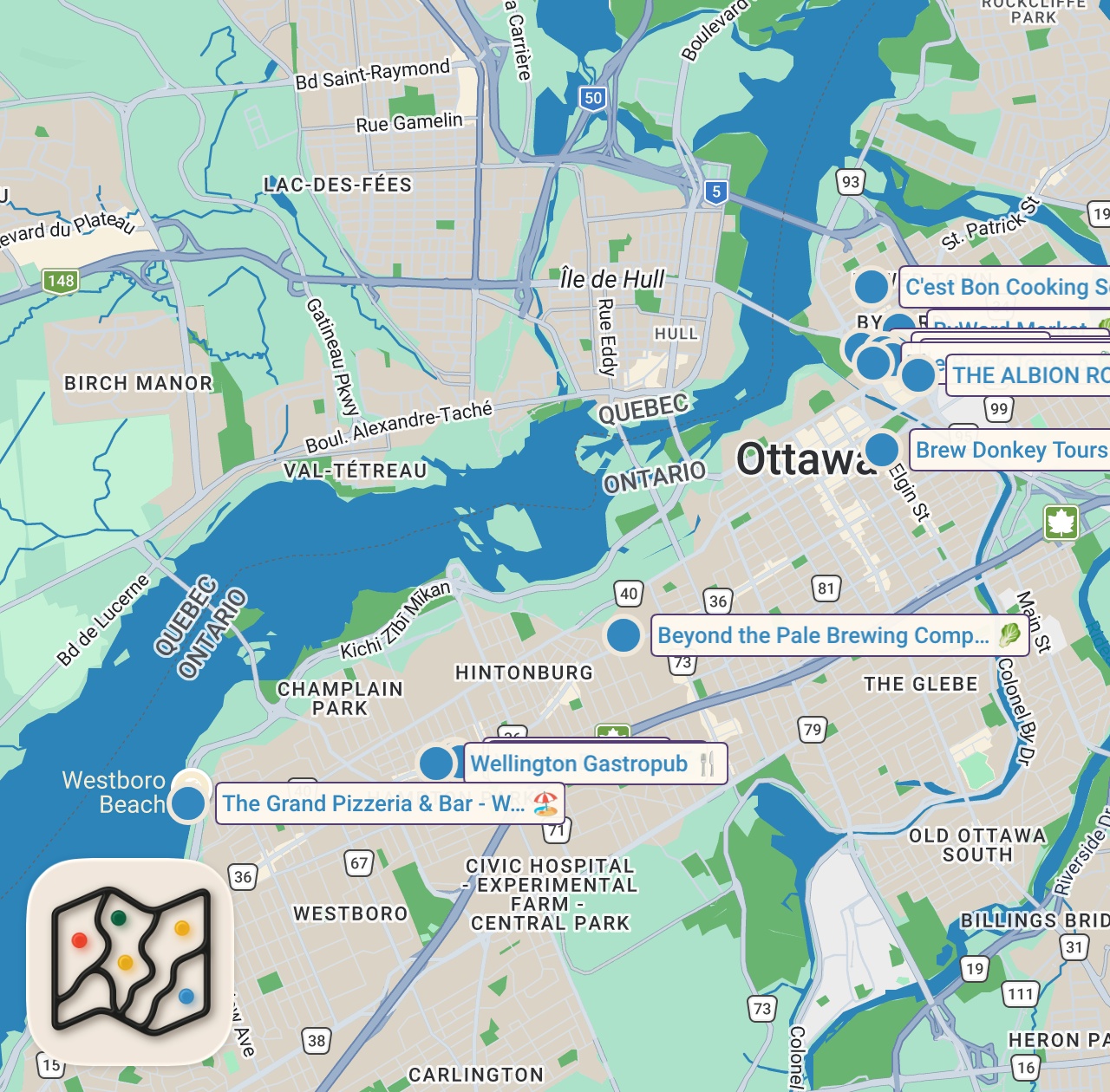 Map of 16 spots from OTTAWA: CANADA'S COOL CAPITAL