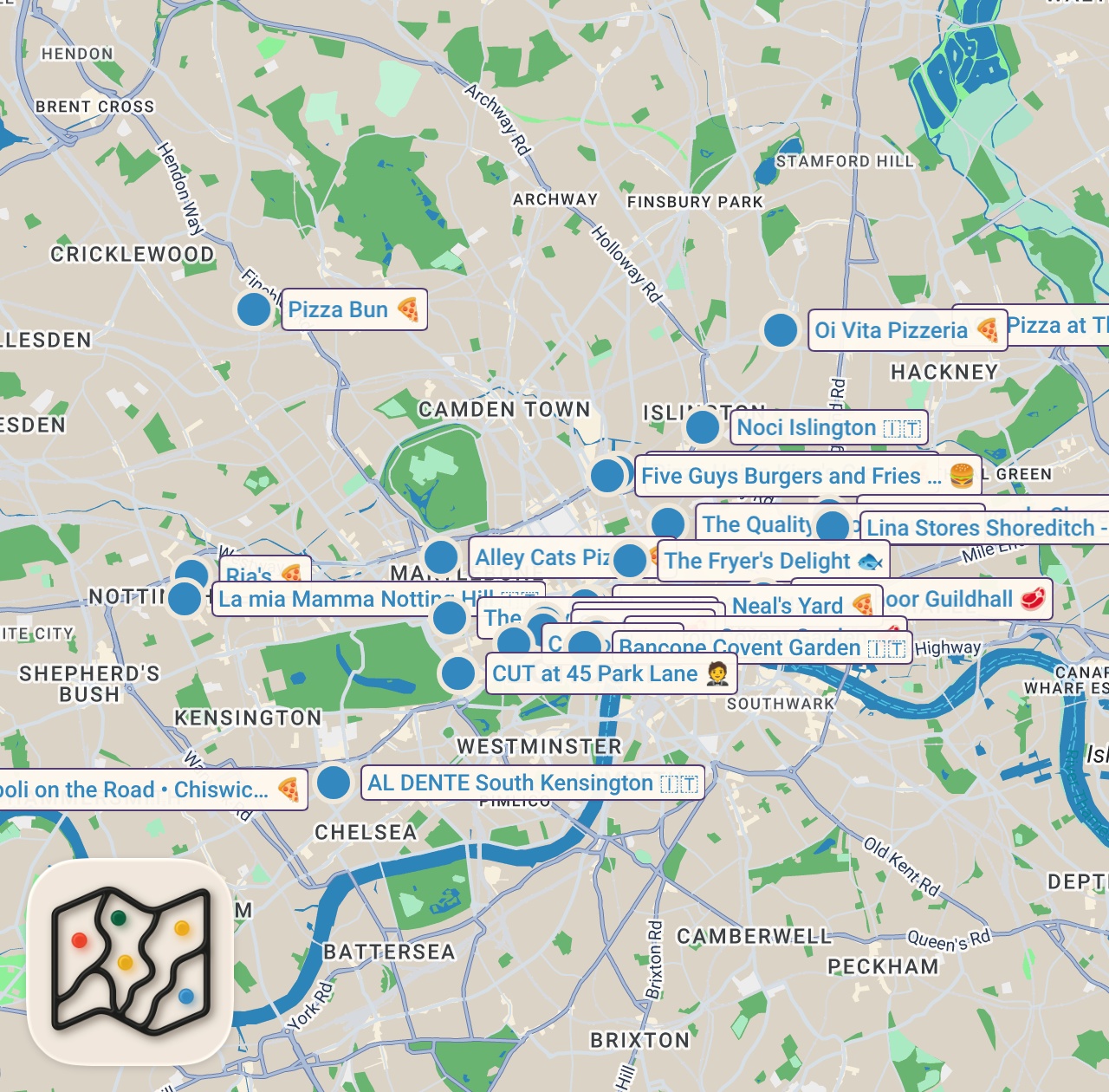 Map of 30 spots from London Food Guide - 31 Places You Have to Try