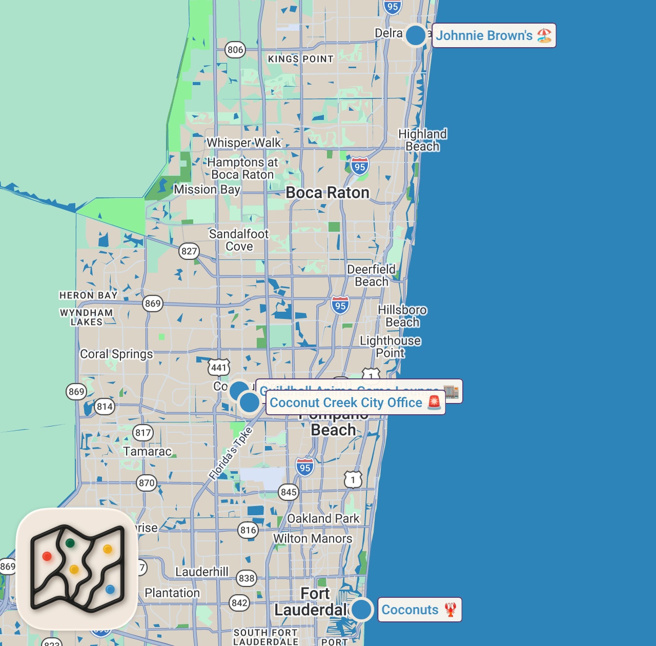 Map of 4 spots from Letting a DART Decide Where I Eat For 24 Hours...