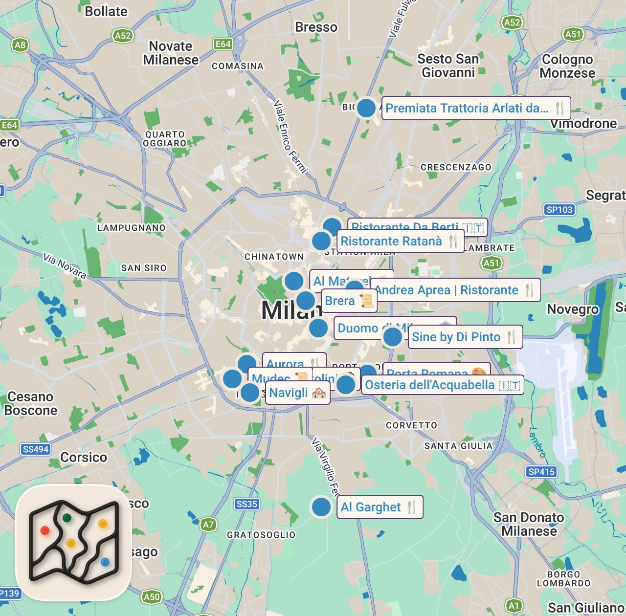 Map of 15 spots from Dove mangiare a Milano: migliori 10 ristoranti 2025