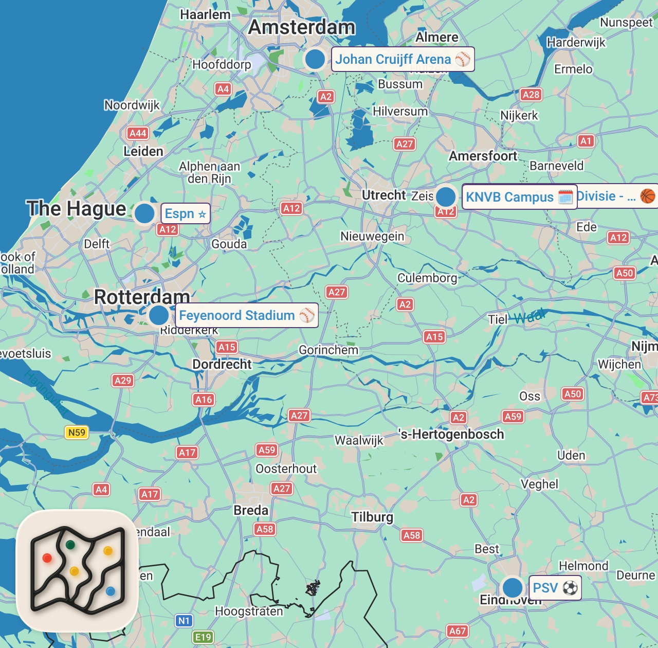 Map of 7 spots from De GRAPPIGSTE MOMENTEN van de TWEEDE SEIZOENSHELFT 😂