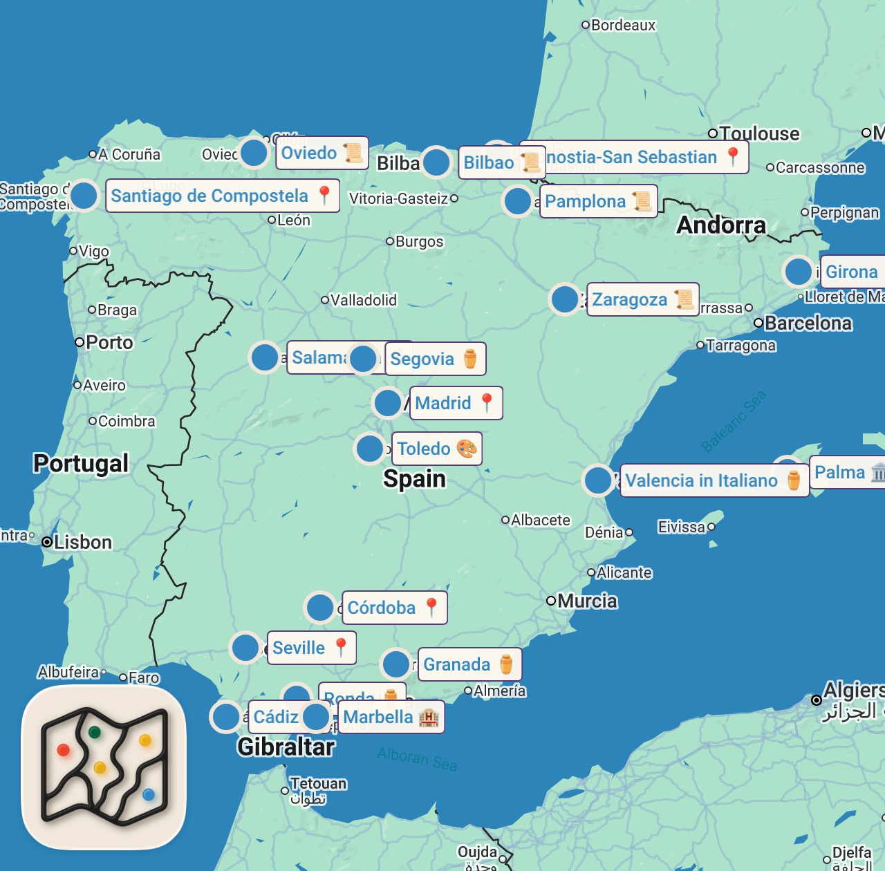 Map of 19 spots from ✈️ 20 Mejores DESTINOS de ESPAÑA ⭐️ Que Ver y Hacer en España